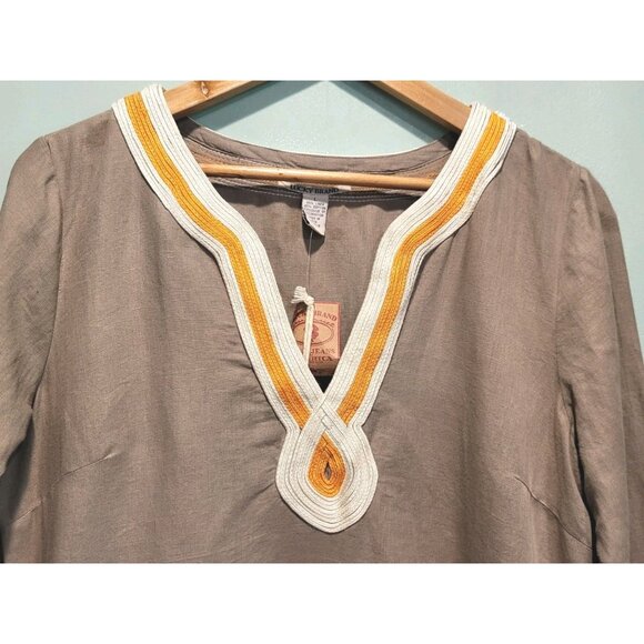 New Lucky Brand Tan Linen Blend Embroidered Long Sleeve Shift Dress Pockets Lg - Picture 2 of 4